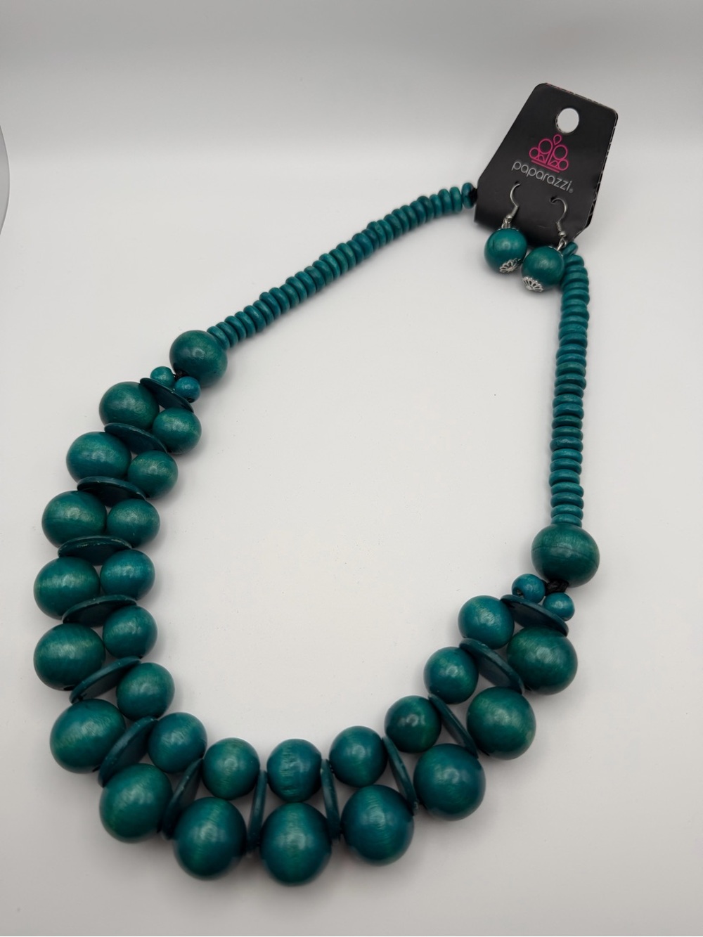NWT paparazzi Caribbean Cover Girl Teal Wooden Bead Necklace Earrings Set Boho